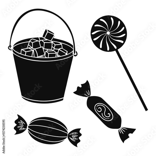 Halloween candy collection bucket lollipop wrapped treats vector