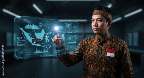 Indonesian Man Interacts with Futuristic Holographic Map Displaying Data Analytics and Growth Projections