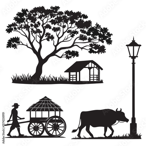 Rustic village scene with tree cart bull lamp and hut rural silhouette