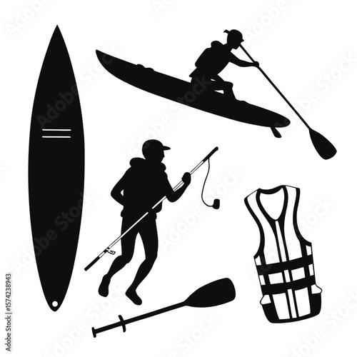 Kayaking and Surfing Gear Silhouettes paddleboard life vest