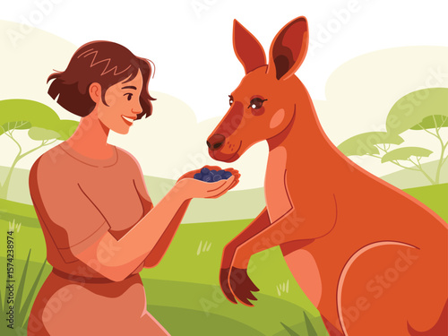 Woman feeding berries to a friendly kangaroo in a grassy australian landscape