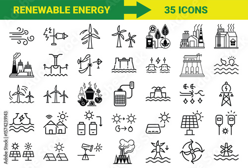 Renewable Energy and Sustainable Power Line Icons Bundle Featuring Solar, Wind, Hydro, Geothermal, Biomass, Energy Storage, Eco Power Plants, and Green Technology Symbols