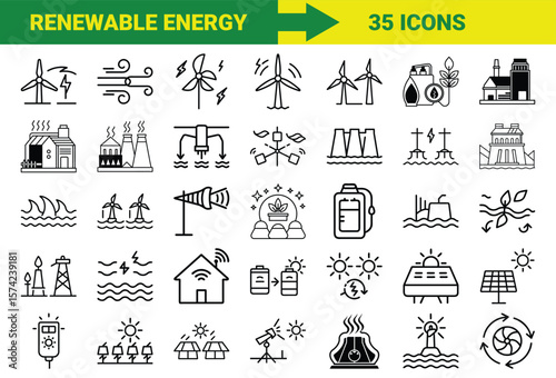 Renewable Energy and Sustainable Power Line Icons Bundle Featuring Solar, Wind, Hydro, Geothermal, Biomass, Energy Storage, Eco Power Plants, and Green Technology Symbols