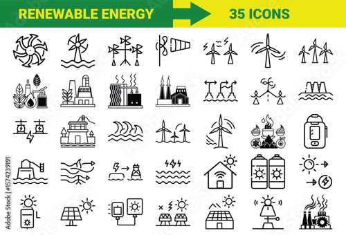 Renewable Energy and Sustainable Power Line Icons Bundle Featuring Solar, Wind, Hydro, Geothermal, Biomass, Energy Storage, Eco Power Plants, and Green Technology Symbols