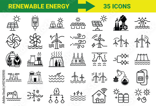 Renewable Energy and Sustainable Power Line Icons Bundle Featuring Solar, Wind, Hydro, Geothermal, Biomass, Energy Storage, Eco Power Plants, and Green Technology Symbols