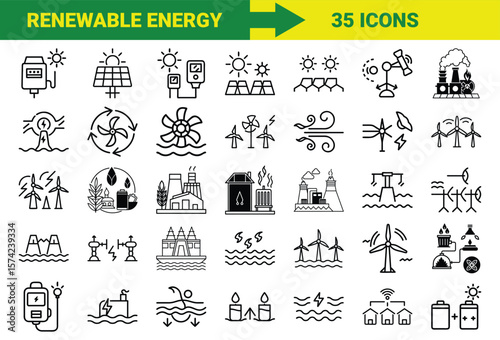 Renewable Energy and Sustainable Power Line Icons Bundle Featuring Solar, Wind, Hydro, Geothermal, Biomass, Energy Storage, Eco Power Plants, and Green Technology Symbols