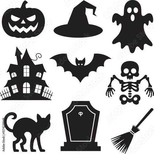 Halloween icons black silhouettes spooky haunted house ghost bat skeleton cat pumpkin witch hat tombstone broom
