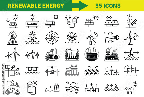 Renewable Energy and Sustainable Power Line Icons Bundle Featuring Solar, Wind, Hydro, Geothermal, Biomass, Energy Storage, Eco Power Plants, and Green Technology Symbols