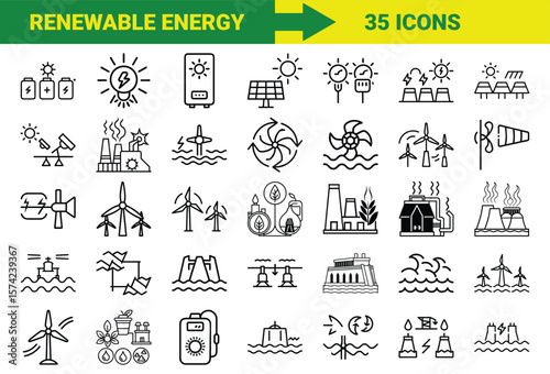 Renewable Energy and Sustainable Power Line Icons Bundle Featuring Solar, Wind, Hydro, Geothermal, Biomass, Energy Storage, Eco Power Plants, and Green Technology Symbols