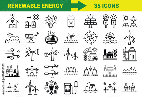 Renewable Energy and Sustainable Power Line Icons Bundle Featuring Solar, Wind, Hydro, Geothermal, Biomass, Energy Storage, Eco Power Plants, and Green Technology Symbols