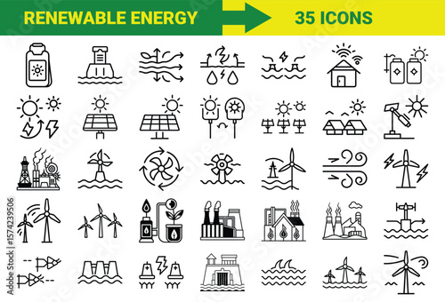 Renewable Energy and Sustainable Power Line Icons Bundle Featuring Solar, Wind, Hydro, Geothermal, Biomass, Energy Storage, Eco Power Plants, and Green Technology Symbols