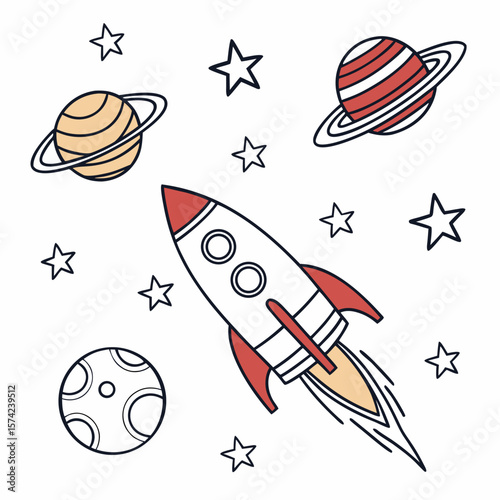 Rocket ship planets and stars space exploration adventure spaceship
