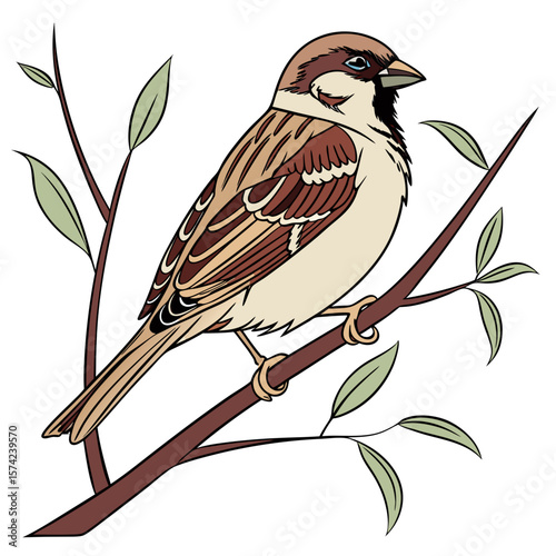 Brown feathered sparrow perched on a branch with leaves bird