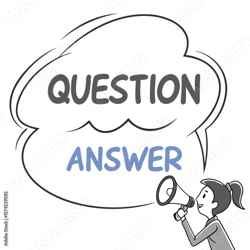 Cartoon girl with megaphone announcing question and answer announcement