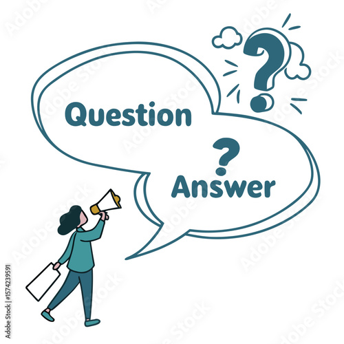 Person with megaphone announcing question and answer speech bubble communication