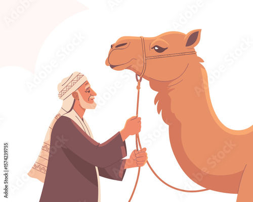 Elderly arab man in traditional clothing gently leading a camel by the reins