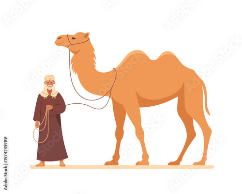 Elderly bedouin man in traditional robes standing beside a camel on white background