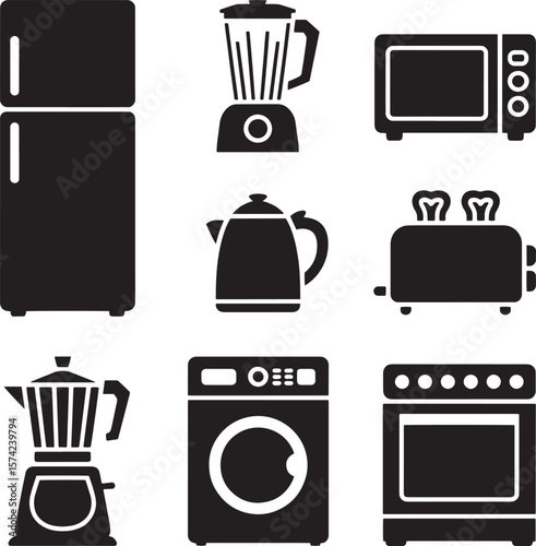 Kitchen appliances collection including refrigerator blender microwave kettle toaster coffee maker washing