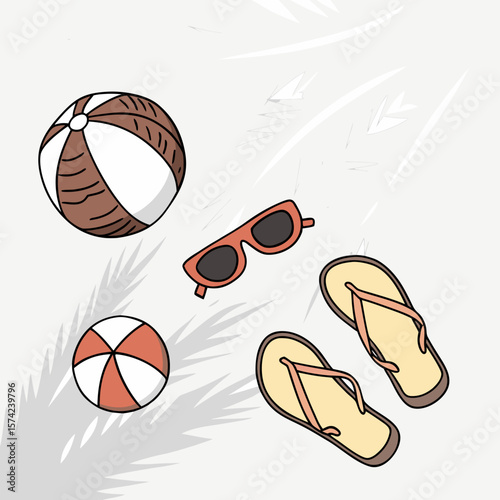 Beach vacation essentials with palm frond shadows summer tropical