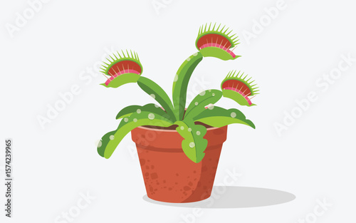 Illustration of a venus flytrap plant in a terracotta pot against a white background