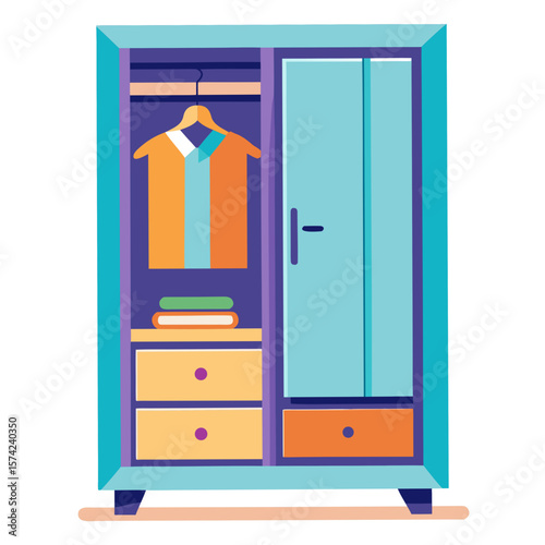 Colorful wardrobe with clothes and drawers closet furniture