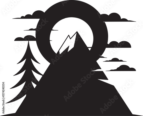 Mountain peak with tree and clouds silhouette pine evergreen