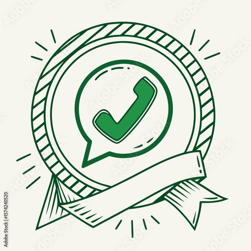 Green phone inside circular badge with ribbon whatsapp call