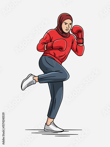 Strong muslim woman wearing hijab and boxing gloves practicing kickboxing moves