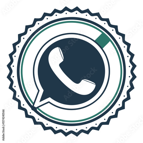 Dark blue and green circular badge with white phone whatsapp communication