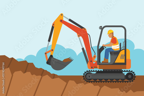 Construction worker operating a compact excavator digging a trench on a building site