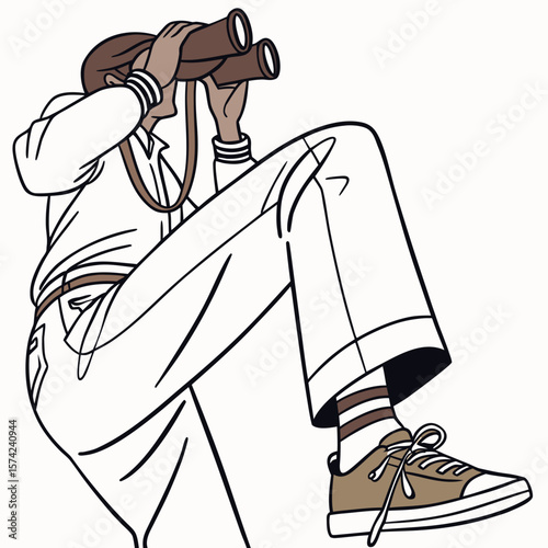 Person looking through binoculars with white background observation exploration