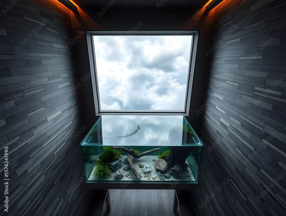 Fototapeta premium a sculptural aquascape aquarium seamlessly integrated into a minimalist modern interior