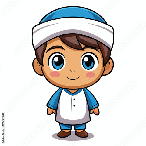 Cartoon boy in a light-colored garment with a blue turban