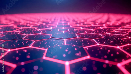 Futuristic glowing hexagon grid illuminated in neon pink and blue, creating a digital, sci-fi atmosphere with floating particles and vibrant energy.