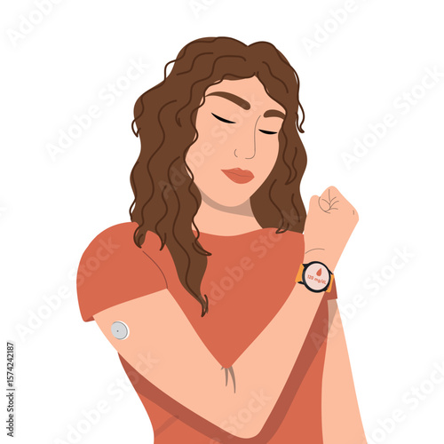 Young woman shows smart watch application measuring glucose level. A woman uses a mobile application for diabetics. National Diabetes Awareness Month.