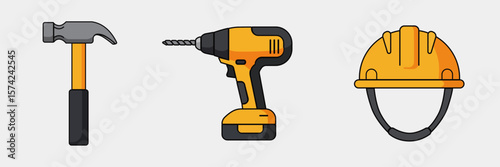 Tools of the Trade: An isolated image showing a hammer, a drill, and a construction helmet