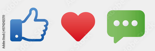 Like, Love, and Chat Icon Set: A vibrant collection of social media icons representing interaction. It is used in social media and online communication. 