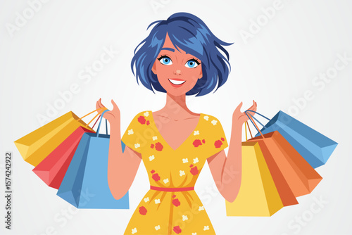 Happy Shopper's Day: A young woman, radiant with joy, strolls through a vibrant shopping district, arms laden with colorful shopping bags, embodying the delight of retail therapy.