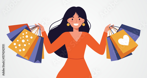 Shopaholic's Delight: A joyful individual, radiating contentment and bliss, triumphantly displays numerous shopping bags filled with treasures. She embodies the spirit of retail therapy.