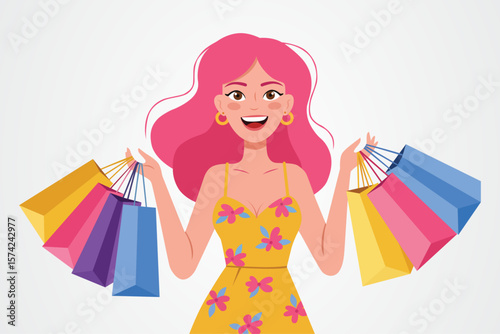 Shopping Spree Delight: A vibrant cartoon illustration depicts a cheerful woman radiating joy as she gleefully holds a myriad of shopping bags, portraying the simple happiness of retail therapy.