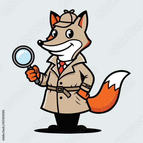 Detective Fox: A charming illustration of a fox character in a trench coat, hat, and magnifying glass, ready to solve mysteries.