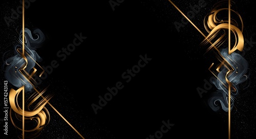 Abstract Golden Shapes and Smoke Design on Dark Background with Sparkles