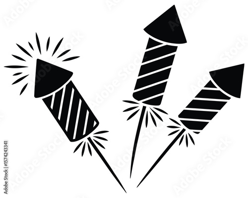 Black and White Firework Rockets – Striped Silhouettes with Star Explosions

