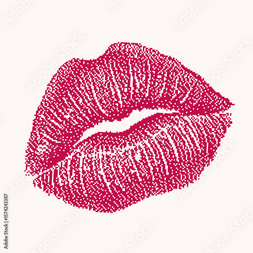 KissPixel halftone lipstick kiss print in bold pink. Ideal for Valentine’s Day designs, beauty branding, romantic cards, pop art projects, stickers, and modern fashion illustrations.