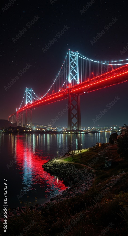 Naklejka premium Vibrant Night Lights Illuminating the Ponte Vasco da Gama Bridge in Lisbon, Portugal