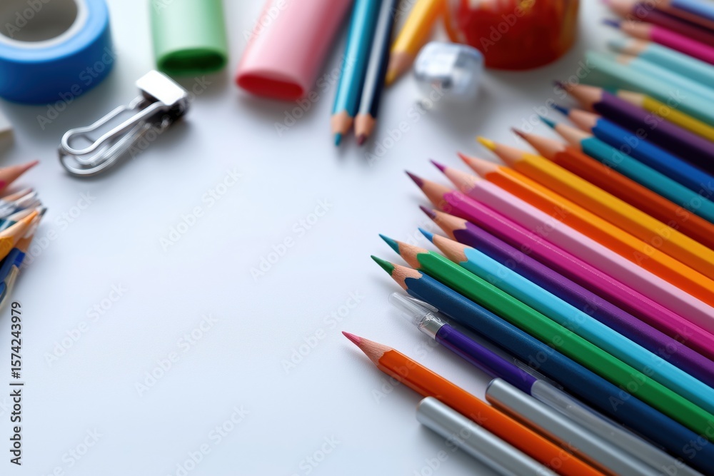 Fototapeta premium Colorful pencils and school supplies on white background
