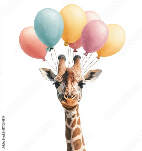 whimsical cartoon giraffe head with many air balloons, isolated against a white background, perfect for a birthday or festive greeting card, Generative AI