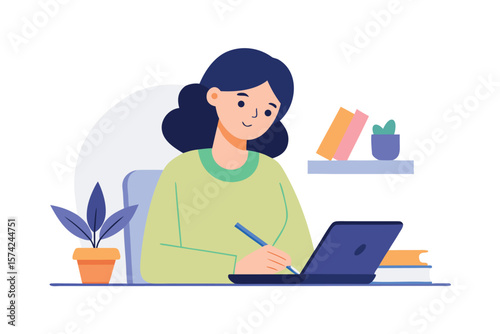 Young woman working on laptop and writing with pen at desk with plants and books