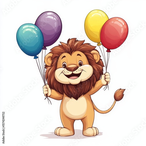 charming cartoon lion at a party, holding air balloons, isolated against a white background for a joyful greeting card, Generative AI