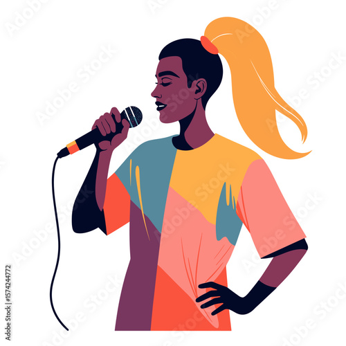 Young woman singing while holding a microphone in colorful outfit  